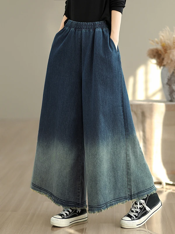 بنطال جينز Waed Adual Color Frayed Design واسع الساق بخصر عالٍ من مزيج القطن والبوليستر للنساء بمقاسات كبيرة