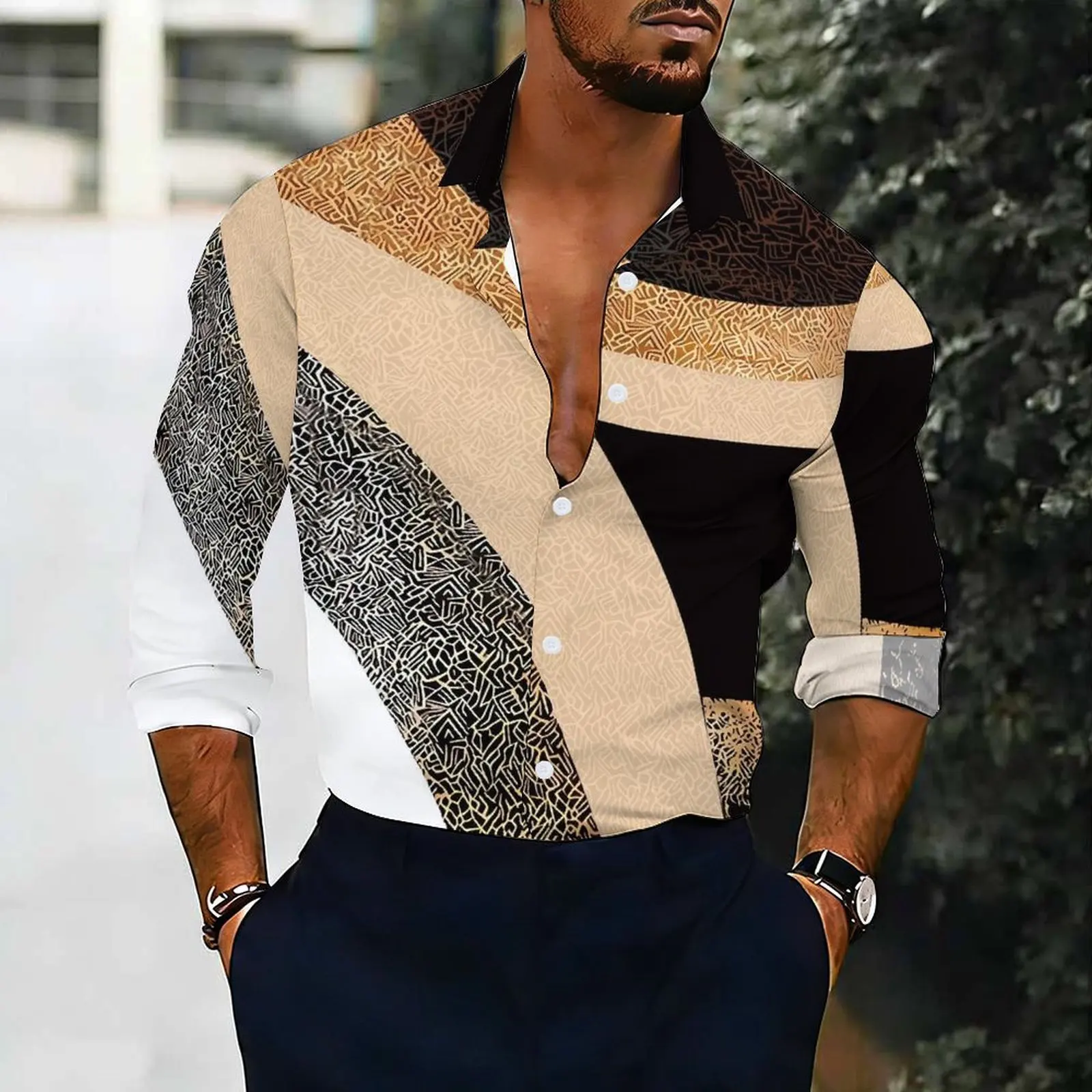 Men Floral Print Long Sleeve Shirt Turn Down Collar Button Up Casual Business Office Daily Wear Shirts