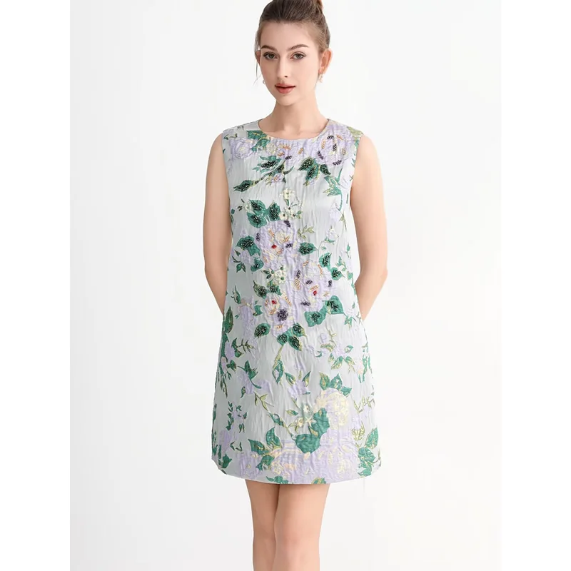 

Heavy Beaded Women Flower Jacquard Dress Fashion O-Neck Sleeveless Mini Dresses