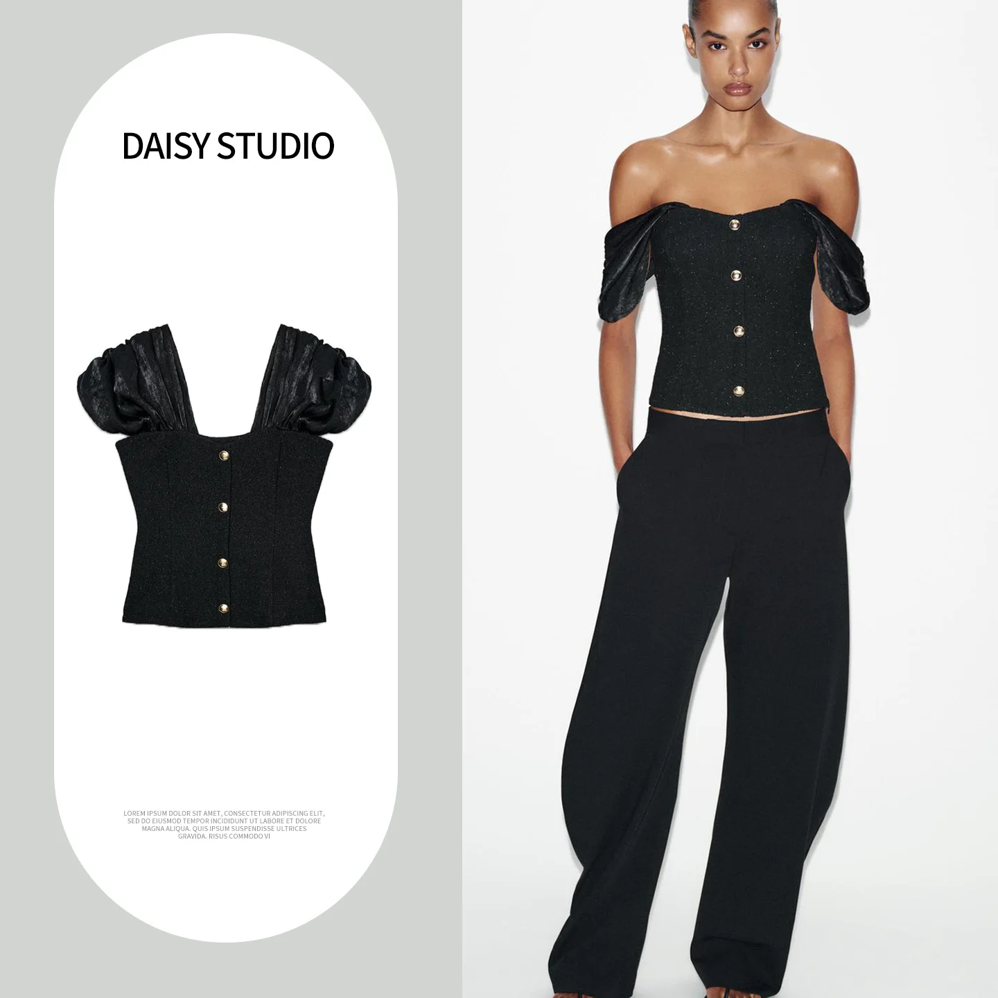 Spring Women's Commute Style Bubble Short Sleeve Woolen Patchwork Shirt Straight Collar Decorative Buttons Polyester Fiber