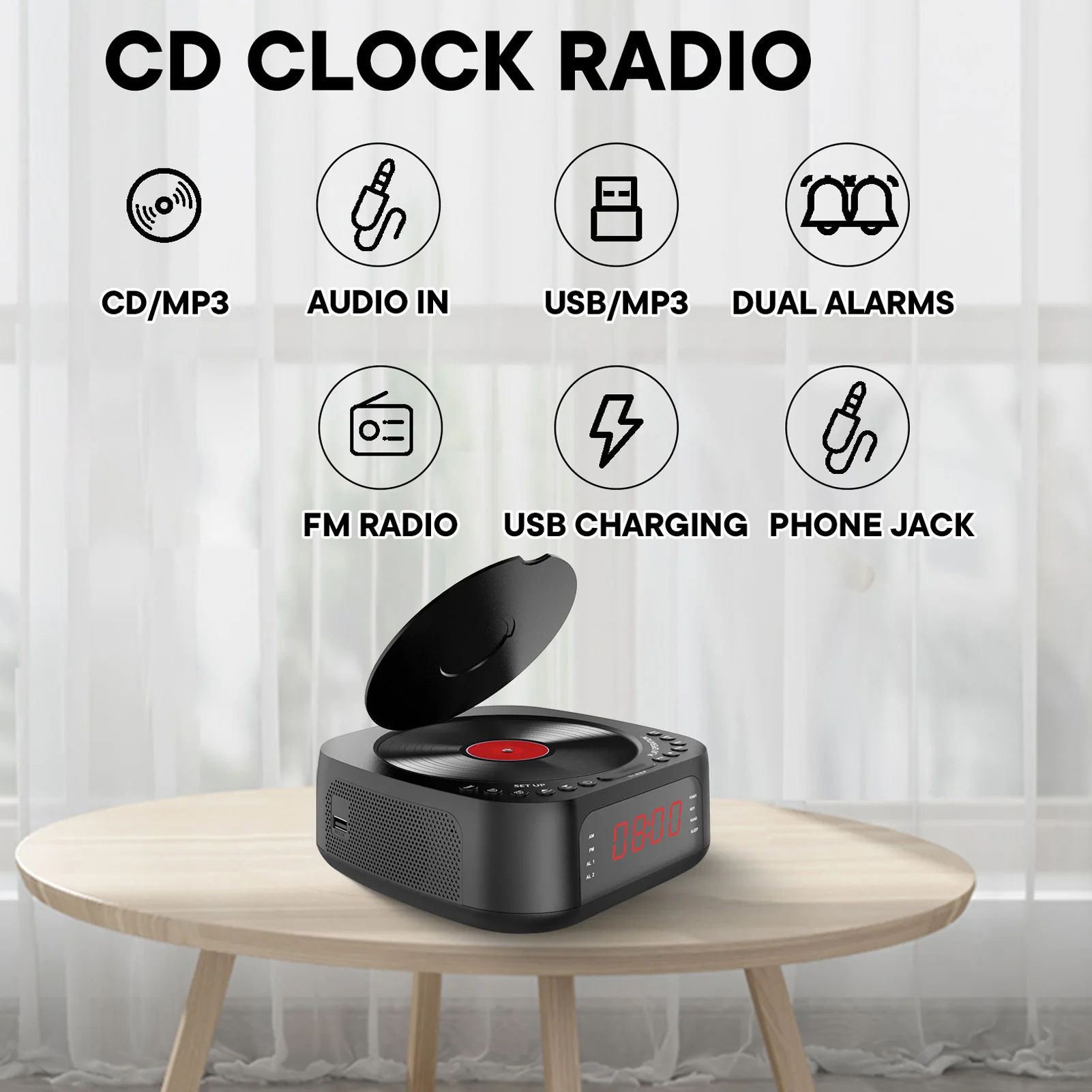 

CD Player Alarm Clock USB Charging Dimmable Display Desktop Bluetooth Radio CD Player with Speaker Remote Control for Bedroom