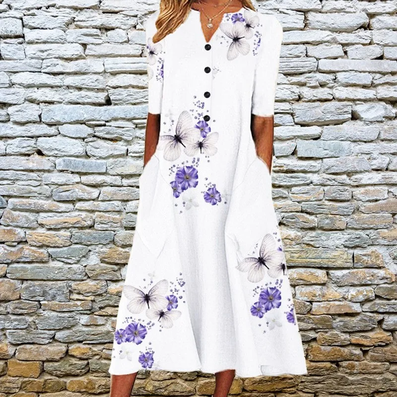 2024 New Spring/Summer Amazon European and American Cross border Women\'s Printed Pockets V-Neck Loose Casual Long Dress for Wome