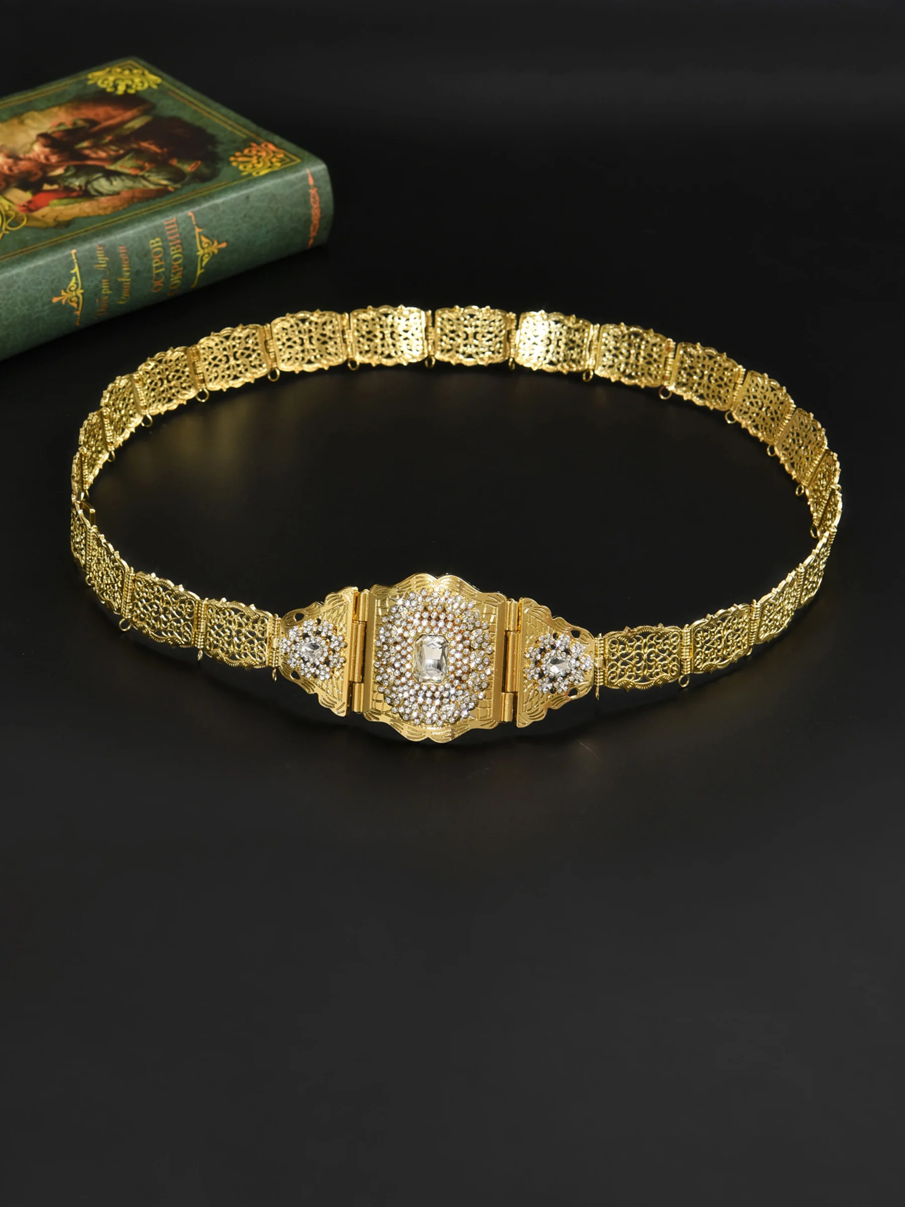 Moroccan Ethnic Waist Belt Golden Plated Metal With Crystal Buckle Wide Belt For Wedding Formal Gown