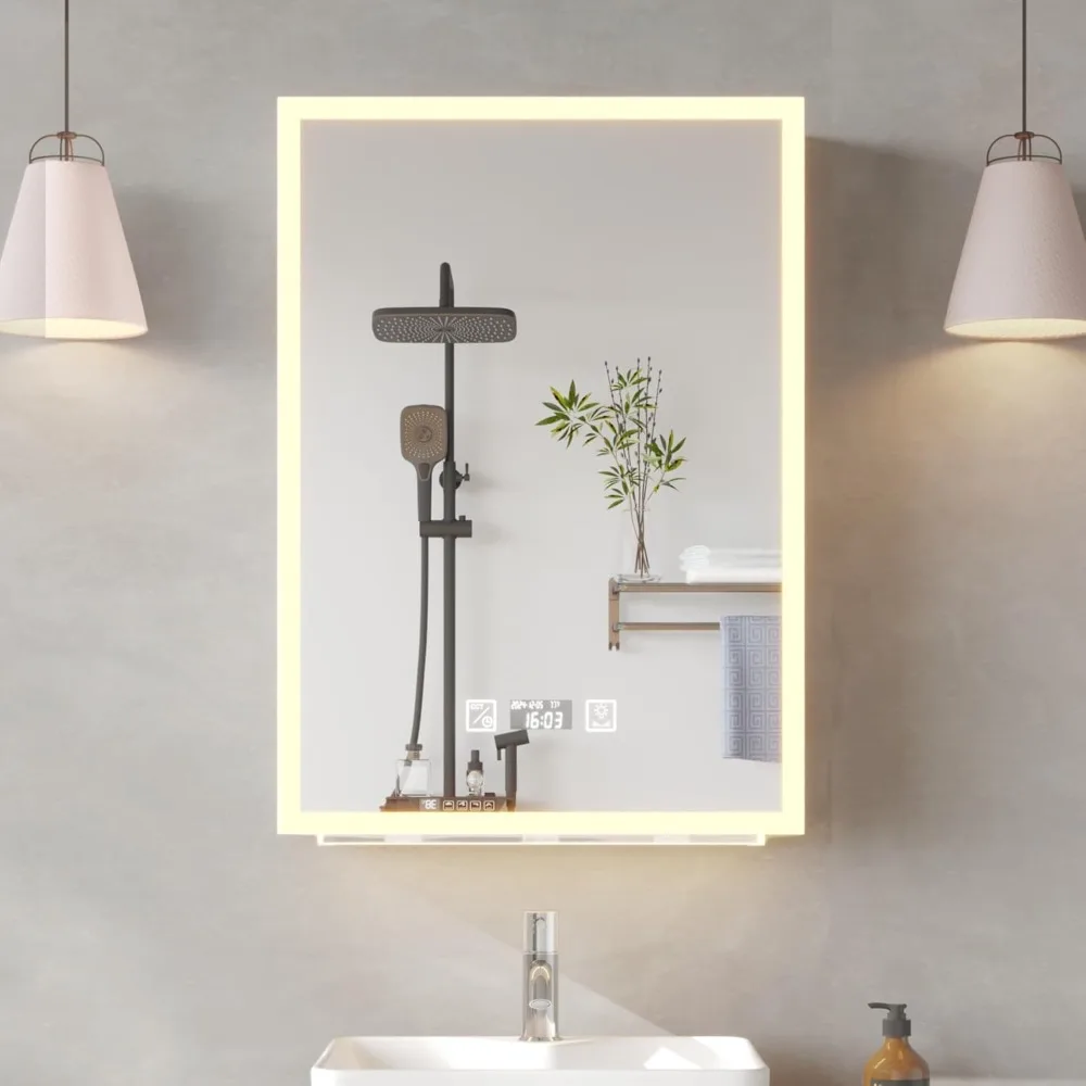 

Bathroom Medicine Cabinet with Mirror, Wall Cabinet with LED Light, Mirror Cabinet with Socket & USB, Power-O