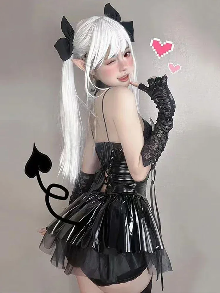 

PU Leather Halter Neck Straps Bat Devil Short Mini Dress Women Sexy Lingerie Halloween Cosplay Punk Gothic Costume