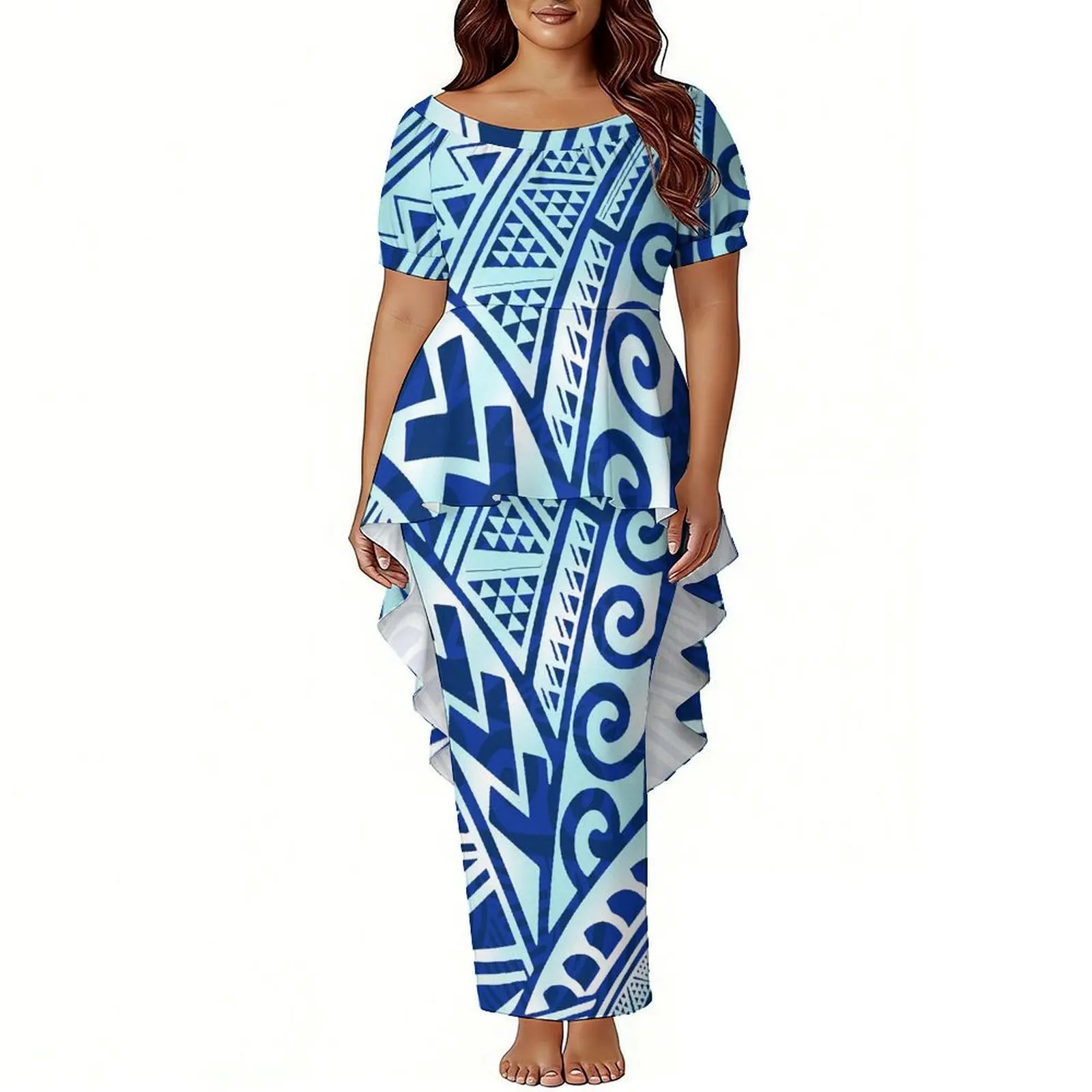 Customized Polynesian Round-Neck Puffed Sleeve Floral Print Art High-Quality Dress Swallowtail Hem Puletasi Women'S Suit Dress