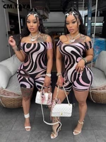 CM.YAYA Women Geometric Printed Short Sleeve Slash Neck Jumpsuits Street 2025 Summer Casual Sexy One Piece Suit Romper Playsuits