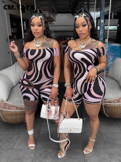 CM.YAYA Women Geometric Printed Short Sleeve Slash Neck Jumpsuits Street 2025 Summer Casual Sexy One Piece Suit Romper Playsuits