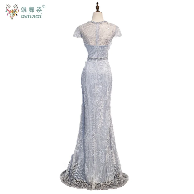 Prata cinza elegante lantejoulas até o chão sereia vestido de noite personalizado luxo frisado em torno do pescoço vestido de noite apertado