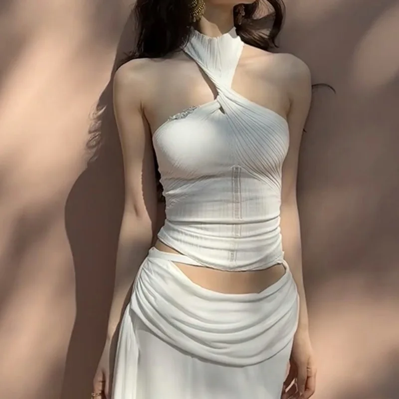 DSMTRC Wakacje Plaża Biały Solidny Dwuczęściowy Garnitur Letni Półwysoki Kołnierz Crop Top + Syrenka Długie Spódnice Zestawy Moda Imprezowa