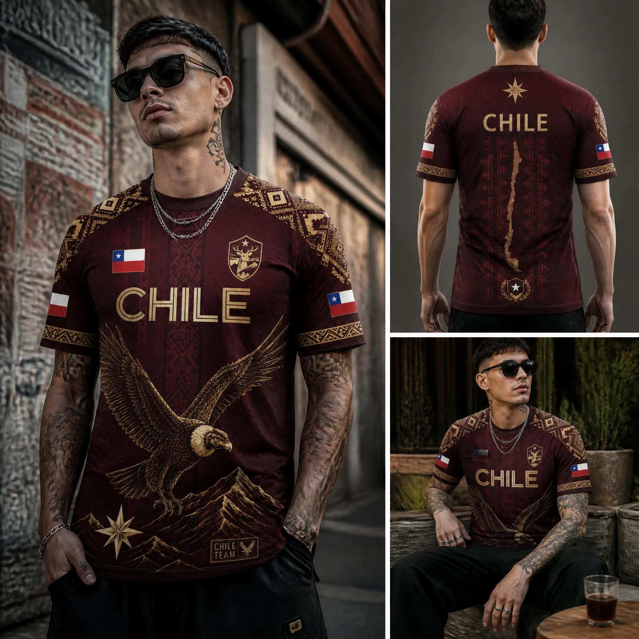 Mens Crew Neck T Shirt Chile Burgundy Gold Eagle Mountain Graphic Short Sleeve Casual Street Outdoor Team Style Top Wear New Tee