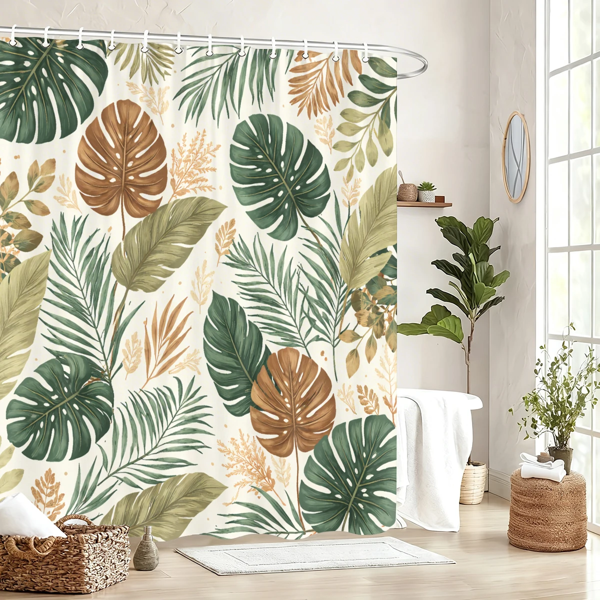 Tropical Plant & Dragonfly Pattern Polyester Shower Curtain - Stylish Bathroom Decor, Exotic Botanical Bath Curtain for Home