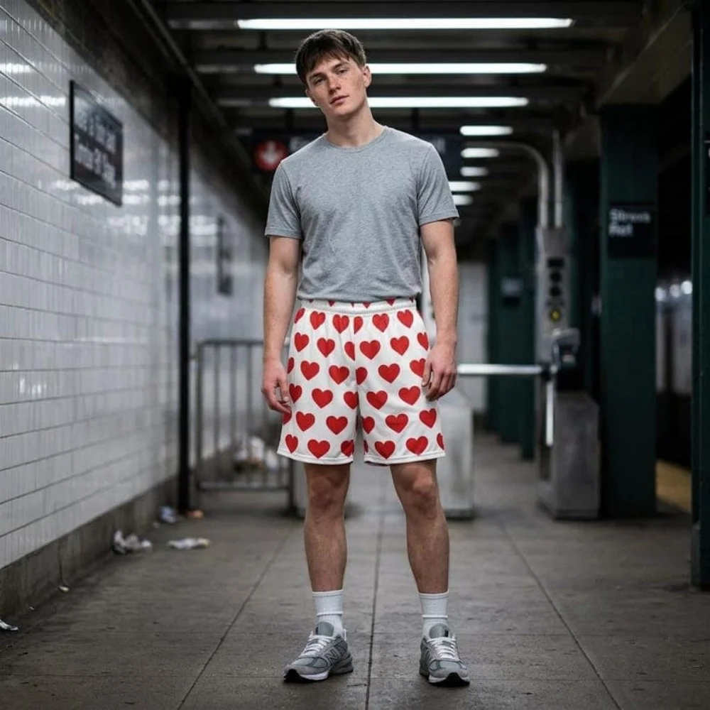 Men's Cartoon Smile Face Shorts Mid Waist Vintage Drawstring Waist Side Pockets Daily Wear for Spring & Summer