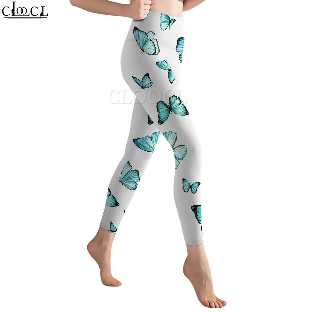 CLOOCL ผู้หญิง Legging รูปแบบผีเสื้อสีฟ้า 3D พิมพ์กางเกงเอวสูงยืดกีฬา Legging Jogging ฟิตเนสกางเกงโยคะ