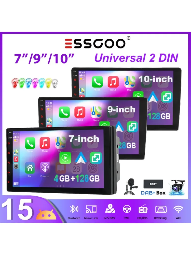 Universal Autoradio ESSGOO Android 15 7"/9"/10" 4+128 GB 2 DIN Wireless CarPlay Android Auto GPS Navigation RDS FM Bluetooth 7 Farben ASP-Bildschirm Mirror Link Touchscreen Lenkradsteuerung