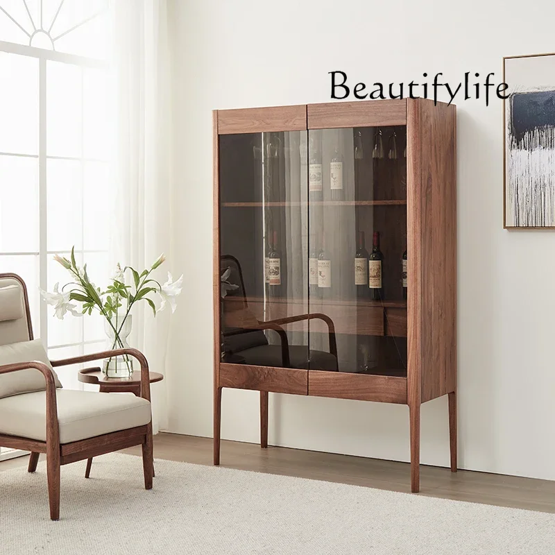 

qU North American black walnut wine cabinet living room Italian light luxury wall high-grade solid wood glass door cabinet