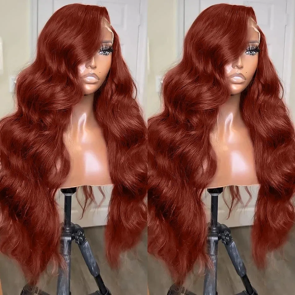 Peruca de cabelo humano dianteira do laço da onda do corpo marrom avermelhada para mulheres, peruca frontal transparente do laço, perucas remy coloridas vermelhas brasileiras