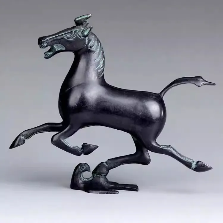 Chinese Old Bronze Hand Carved Horse Stepping on Flying Swallows Statue