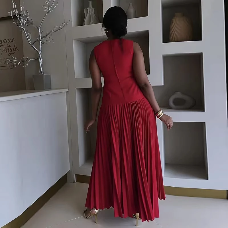 MUJER 2025 สีแดงถักชุดผู้หญิงชายหาดชุดยาวจีบผู้หญิงแขนกุดผู้หญิงฤดูร้อนชุด Patchwork MIDI ชุด