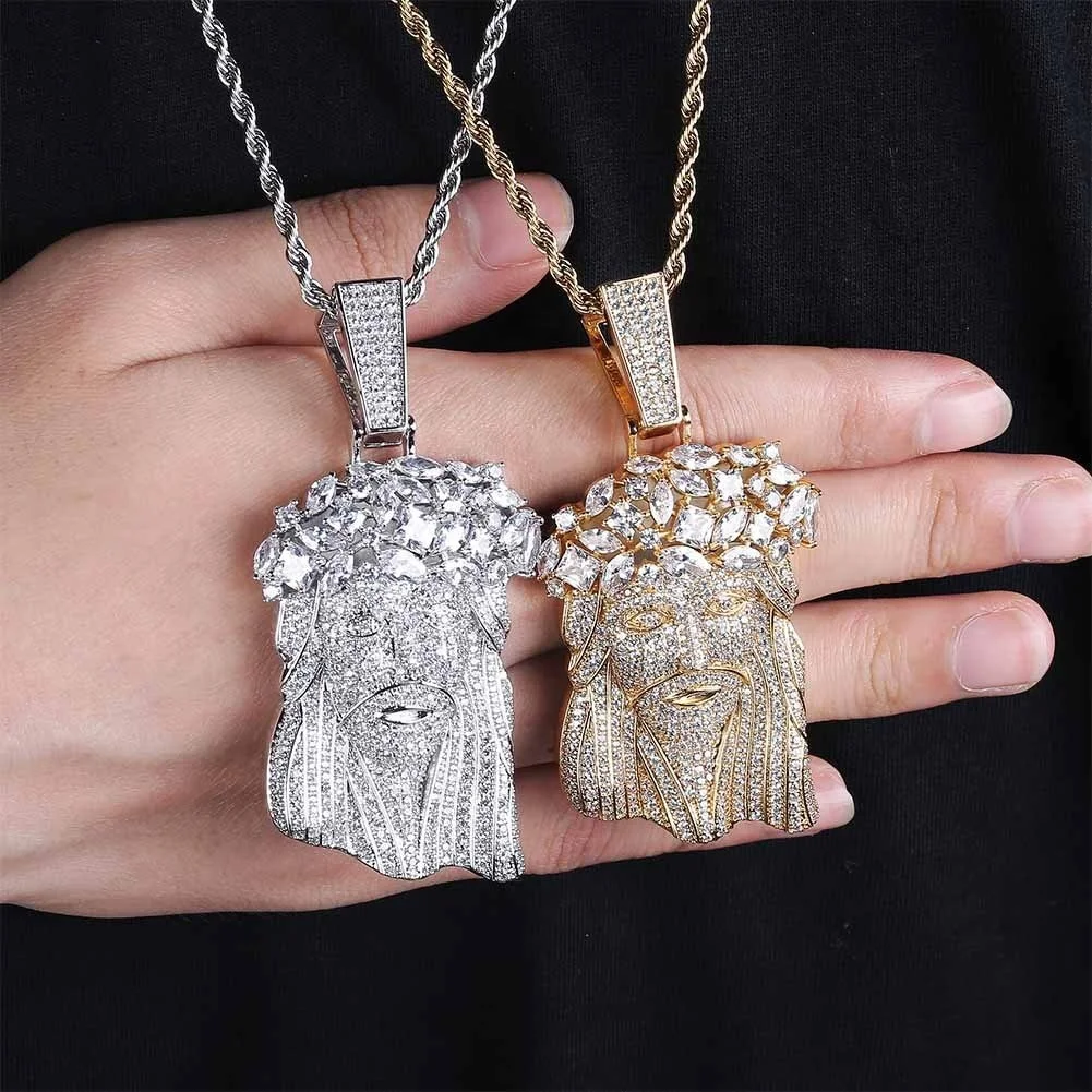 Wholesale Jesus Pendant 14k Gold Plated Copper Zircon Iced Out Hip Hop Pendant Necklace With 3mm Twist Chain