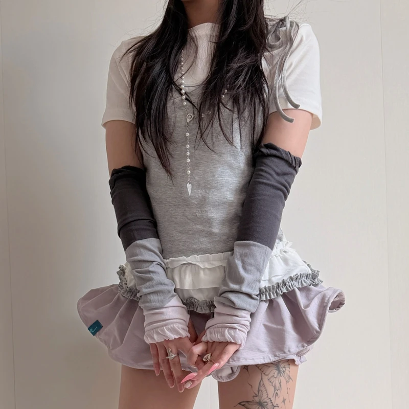 Sweet Cute Color Stacked Sleeves Summer Sunscreen Long Fingerless Gloves Casual Streetwear Arm Sleeves