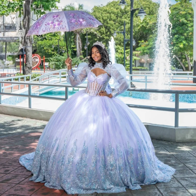 

Индивидуальные лавандовые платья Quinceanera с открытыми плечами, блестящая наклейка с длинным хвостом и кристаллами, кружевное тюлевое платье 15, Quinceanera