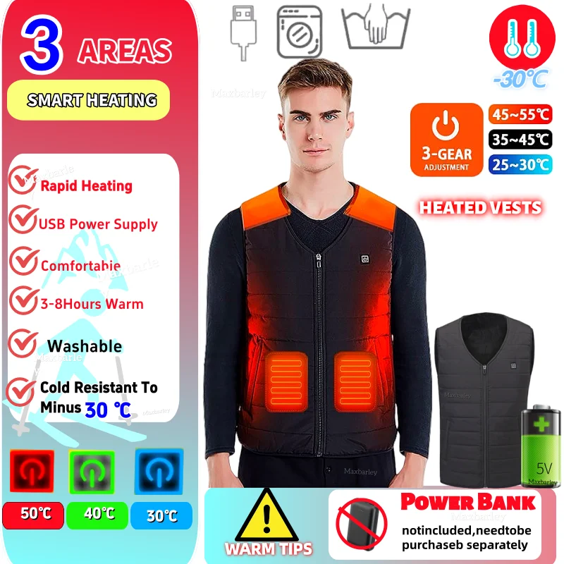 

3-12 Areas Self Heating Vest USB Heated V-neckline Jacket Winter Men Women Thermal Underwear Hiking Ski Heating Sleeveless Vests