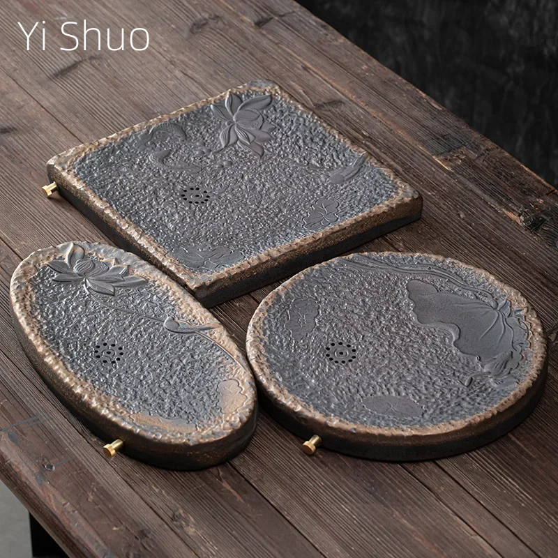 

Japanese Style Coarse Pottery Gilding Iron Glaze Tea Tray Ceramic Double-Layer Drainage Dual-Use Dry Pour Saucer Tea Table