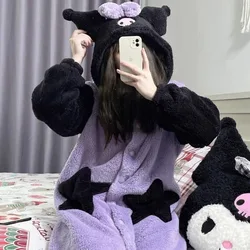 Kuromi Cartoon Nightgown Coral Fleece Nightgown Thick And Warm Comfortable Long Plush Home Suit Set Girls' And Children'S Gift