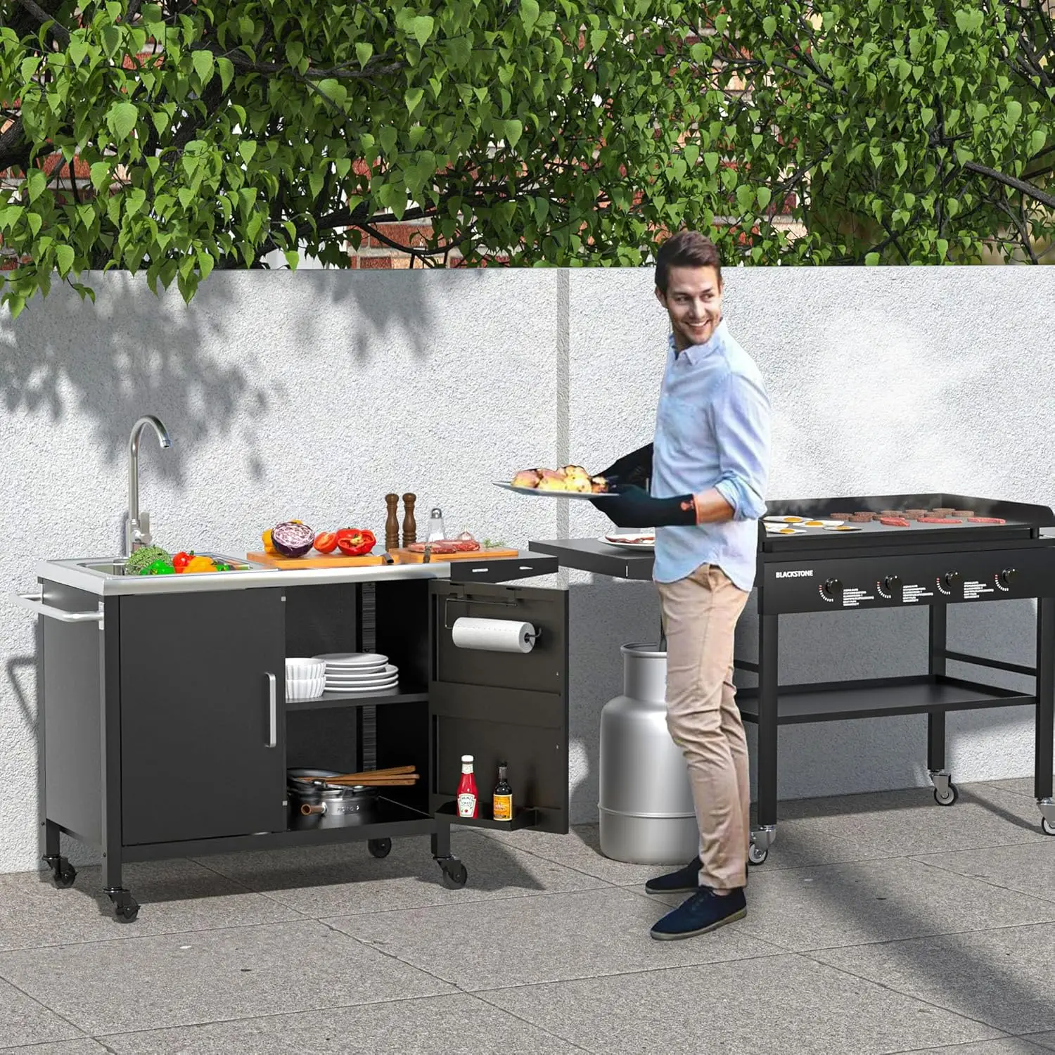 Outdoor Grill Table with Sink,Metal Outdoor Grill Cart, Outdoor Kitchen Island with Stainless Steel Sink,L57*W21.65