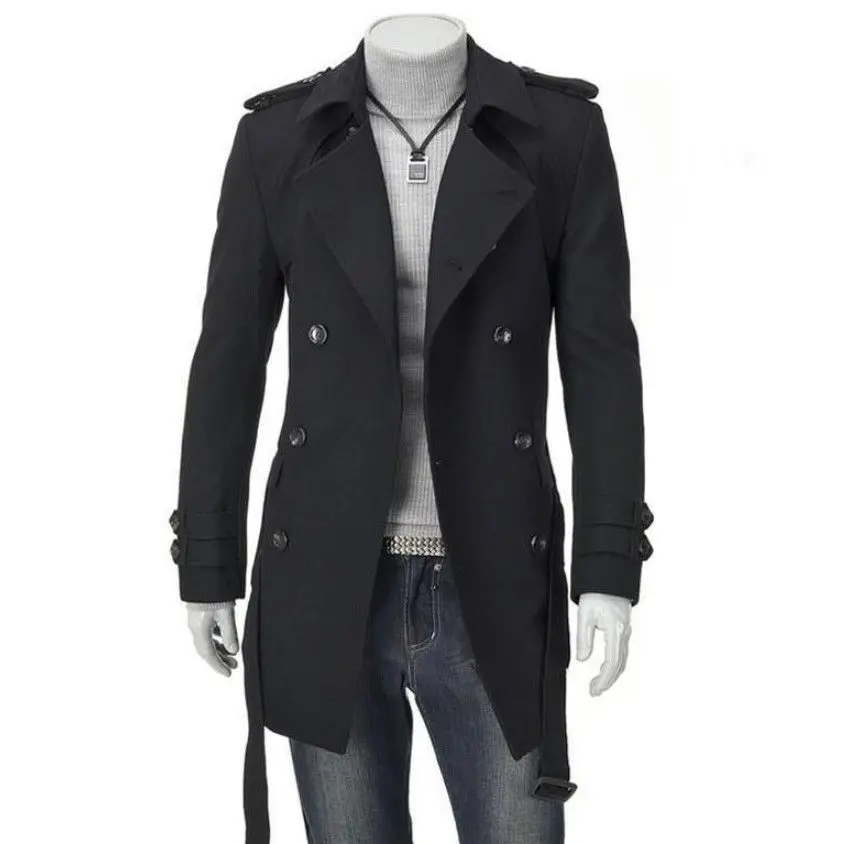 Fashionable Men's Autumn Winter Coat Korean Style Shoulder Strap Double Row Button Woolen Coat Long Length Single Button Door