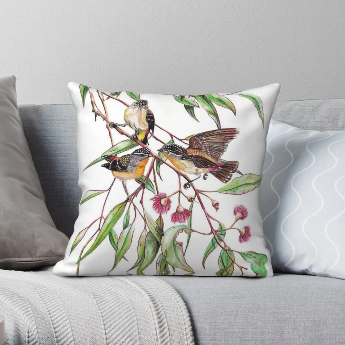 Spotted Pardalotes Flowering Gum Square Pillowcase Polyester Linen Velvet Creative Decorative Pillow Case Seater Cushion 45x45