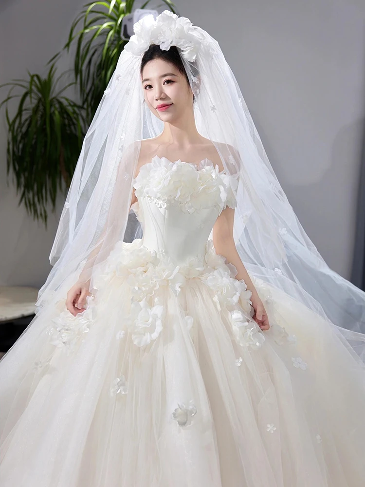 

Романтическое нежное свадебное платье принцессы с длинным шлейфом, кружевное, для фотосессий на природе, для дня рождения, для путешествий, в лесном стиле