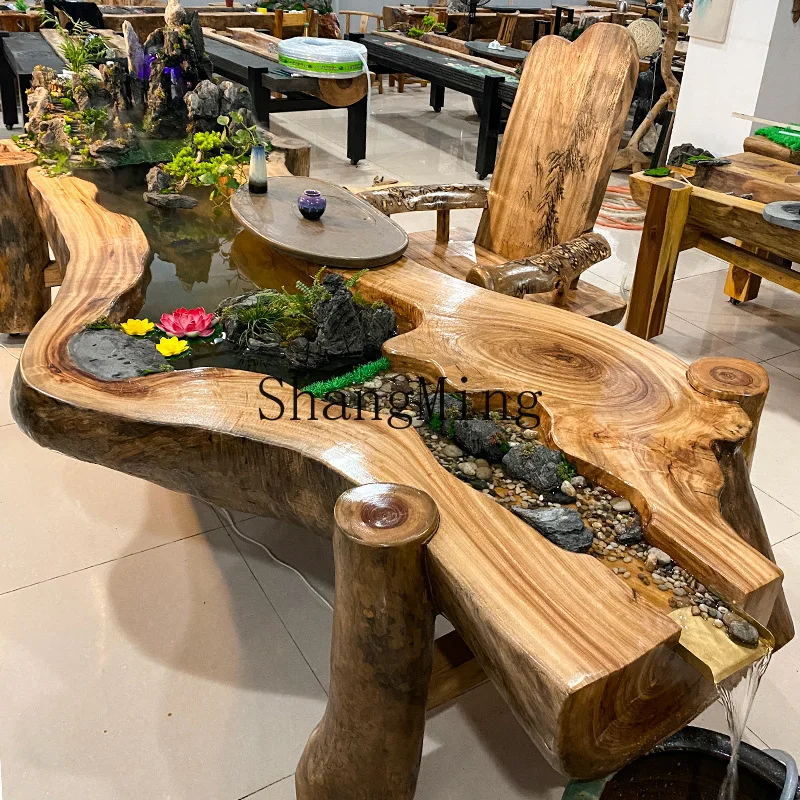 SM   mountains and flowing water tea table landscape circulation integration fish farming new Chinese solid wood tea table