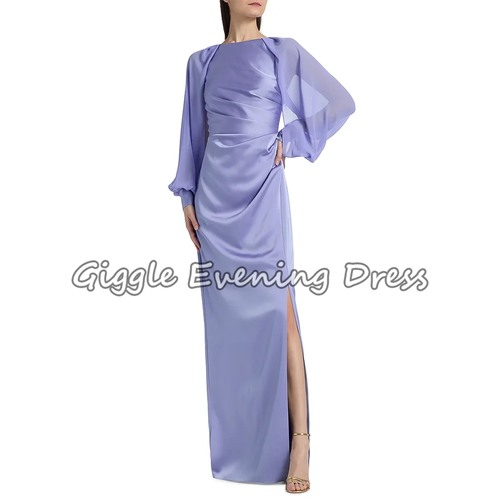 

Simple O-Neck Pleat Evening Dresses Satin Long Sleeve Floor Length Straight Long Prom Dress فساتين السهرة for Women