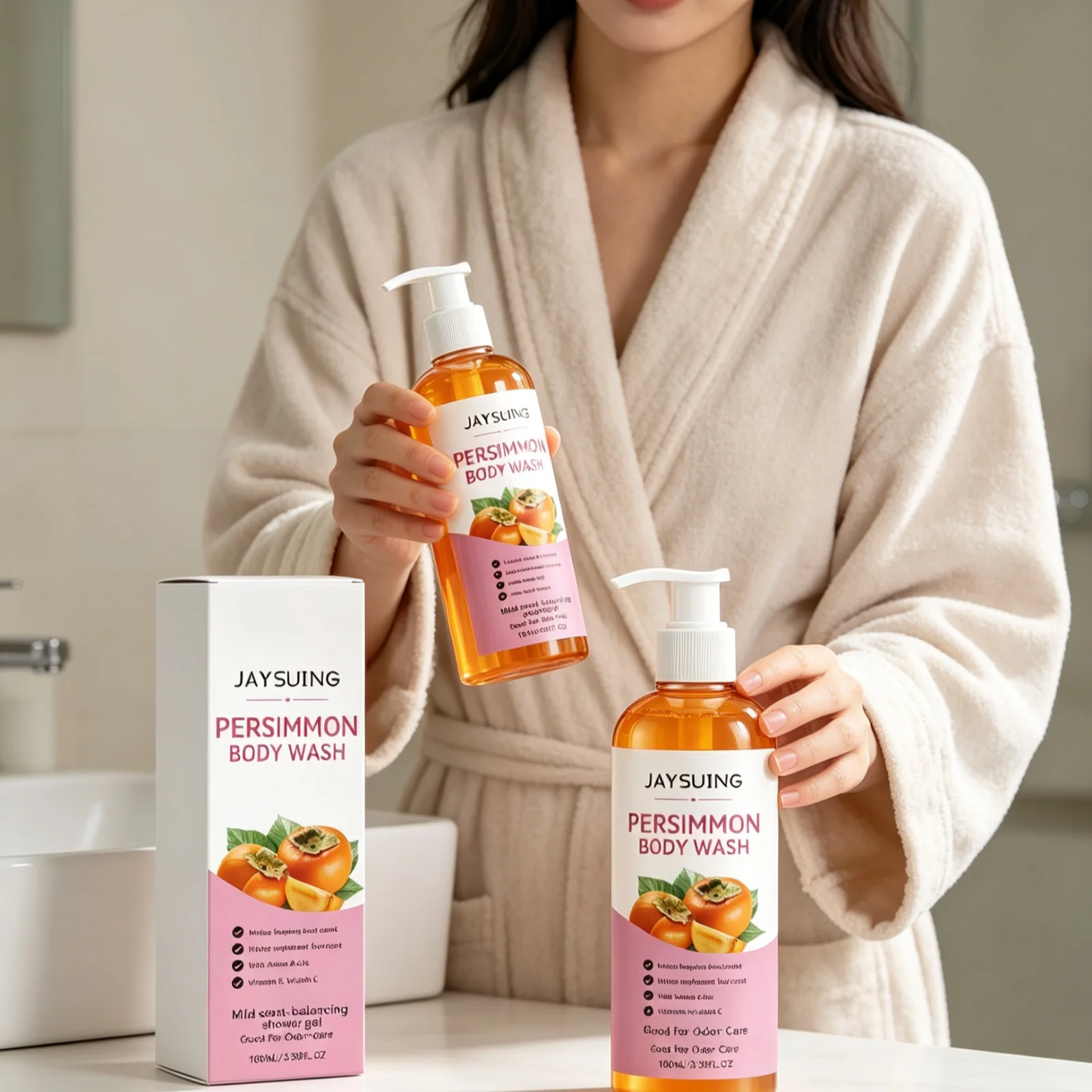 JAYSUING Persimmon Extract Body Wash Deep Moisturizing Skin Wash Away Grime Long Lasting Fresh Fragrance Silky Body Wash 100ml