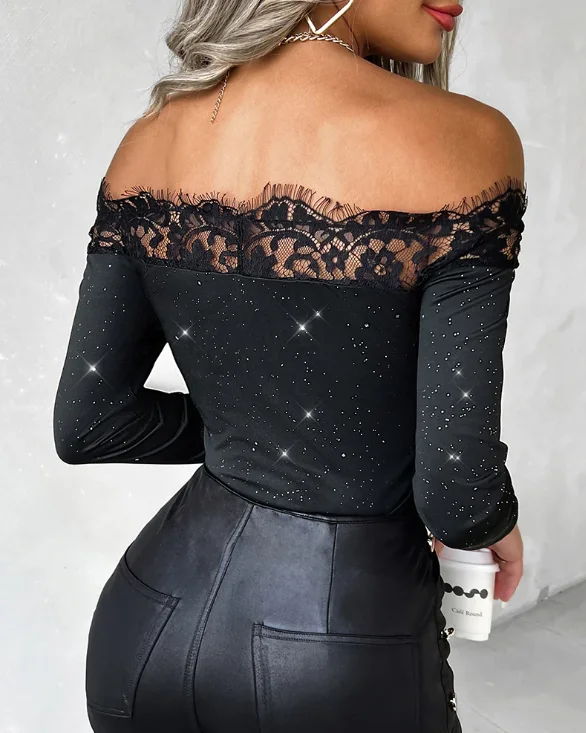 Sequined Off-Shoulder Eyelash Lace Patch Top