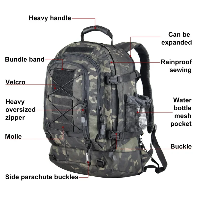 60L Large Capacity Men Strategic  Backpack 3P Softback Outdoor Waterproof Bug Rucksack Hiking Camping Planned Bags