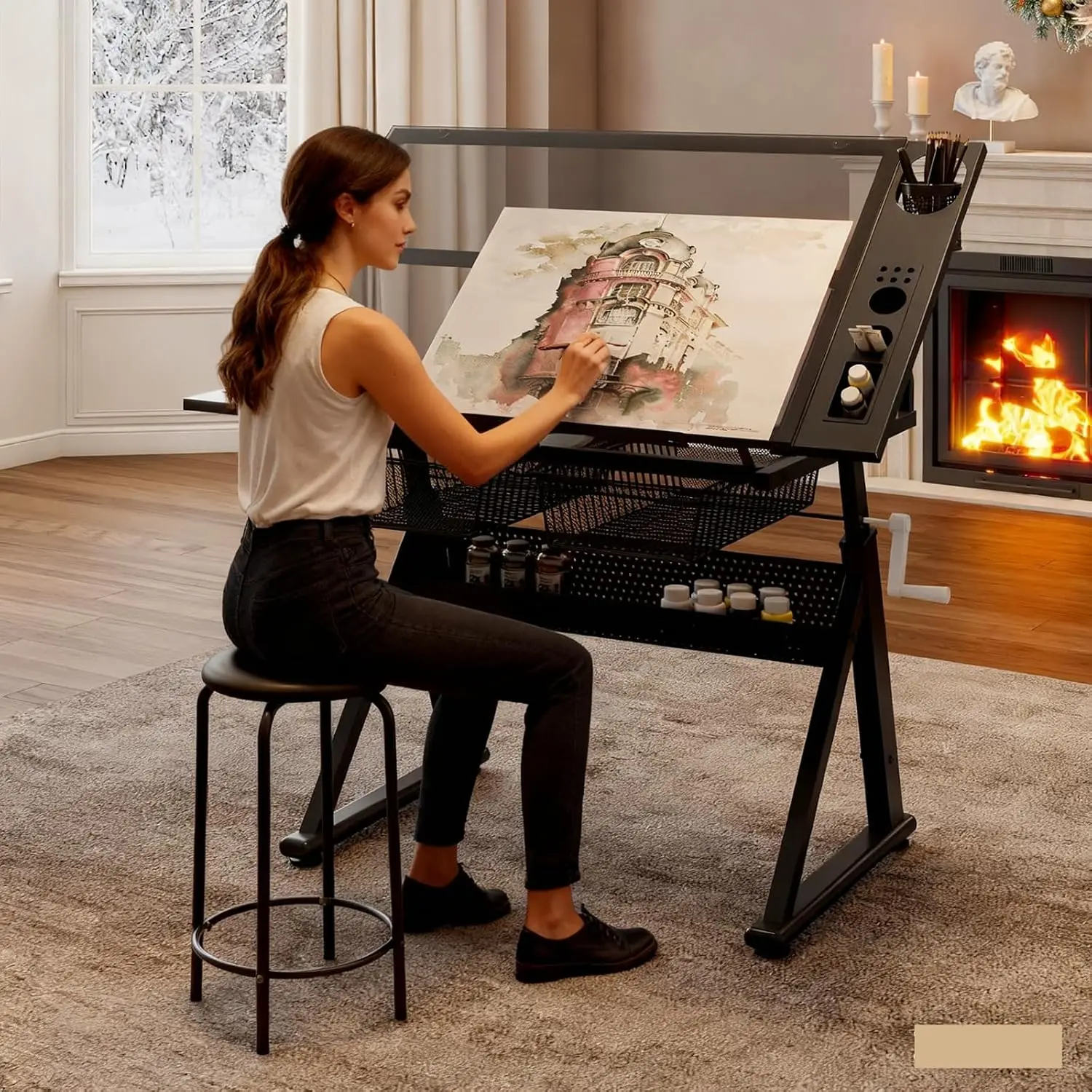 Hand Crank Adjustable Height Drawing Table, Stool Included & Art Craft Desk with Tilting Top, Custom