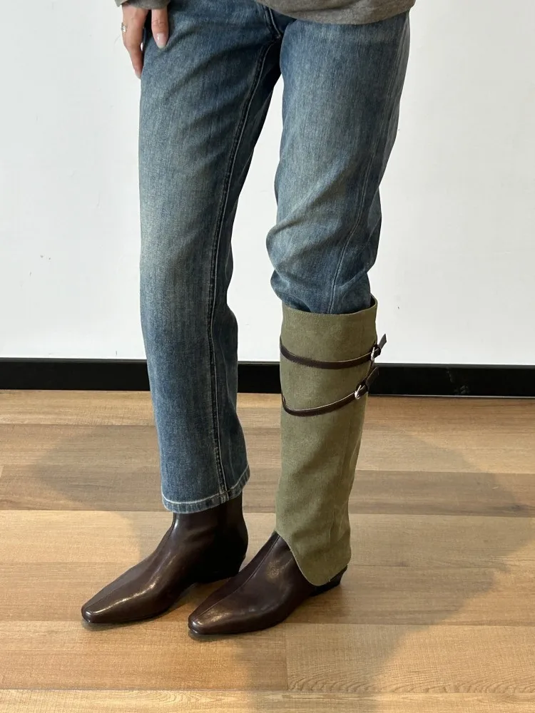 Chic Womens Cowhide Spliced Fabric Knee High Boots Belt Buckle Genuine Leather Boots Ladies Fleece Lining Boots Vintage Footwear