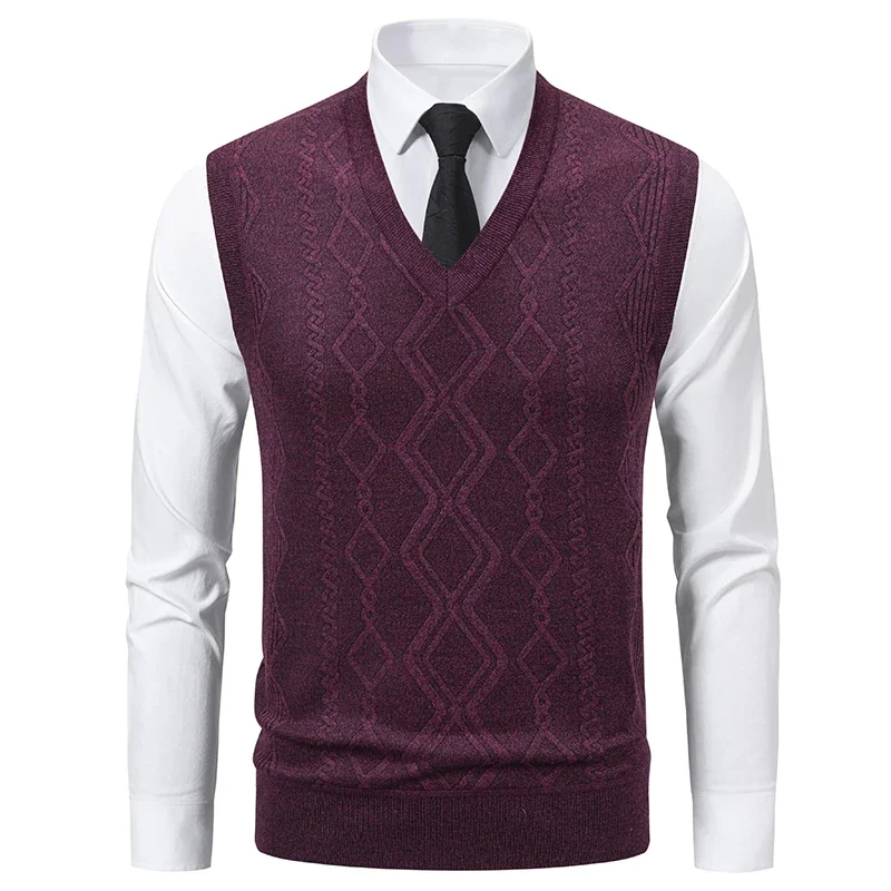 

Men's Knitted Warm Sweater in Autumn and Winter V-neck Vest Diamond Grid Twisted Flower Casual Fashion Versatile Top