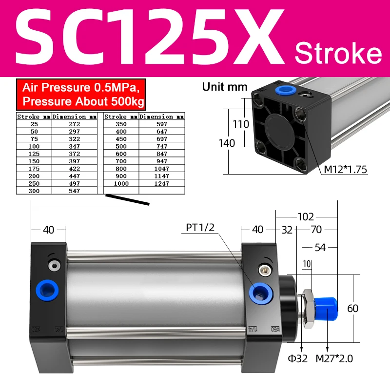 Sc Serie Standard zylinder sc125/160/200/250/320 Pneumatik zylinder kolben mit großer Bohrung großer Schub 25-1000mm Hub doppelt wirkend – Detail 2