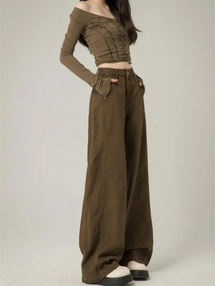 

Brown Wide Leg Casual Jeans Women's Loose Slimming Spring Summer Autumn Winter Straight Cut Loose Fit Fashionable Denim Pants