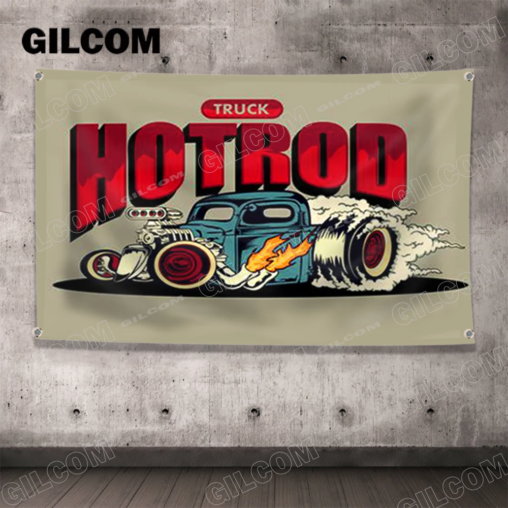 Hot Rod flaga samochody klasyczne wyścigi gobelin w stylu Vintage plakat Retro reklamują Logo sportowe na zewnątrz klub Banner mosiężne przelotki