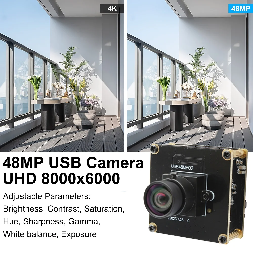 ELP Ultra HD 48MP USB Camera Module with No Distortion Lens Mini 4K PC Webcam UVC USB2.0 Lightburn Camera for Computer