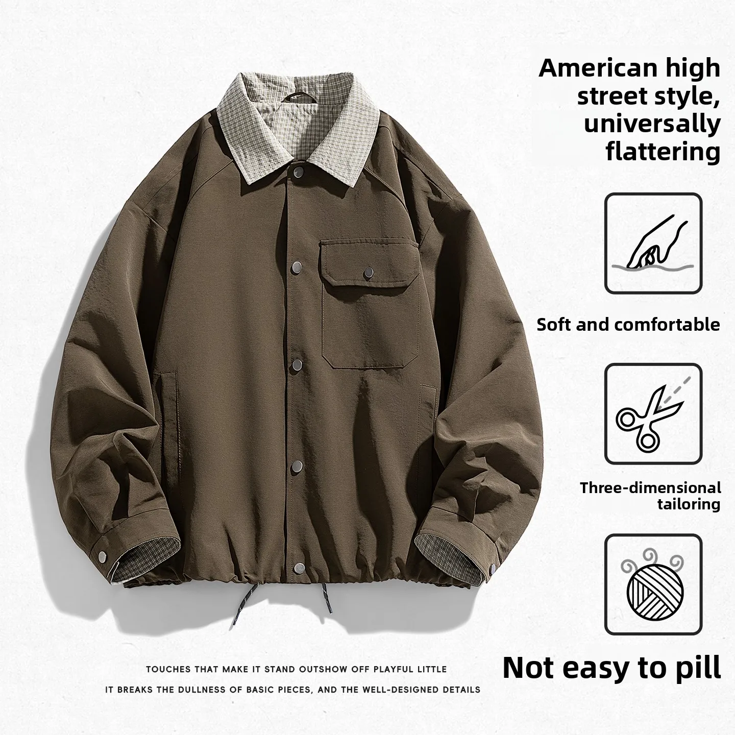 

Мужская куртка весна 2026: Ретро-стиль, цветные блоки, воротник, много карманов, высокое качество, легкий американский полиэстер, длинный рукав.