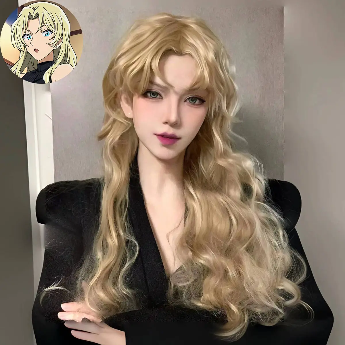 Belmod Cos شعر مستعار أنثى ذهبي فاتح طويل مجعد الشعر محاكاة فروة الرأس موجات كبيرة المحقق الشهير كونان غطاء محرك السيارة الكامل #6