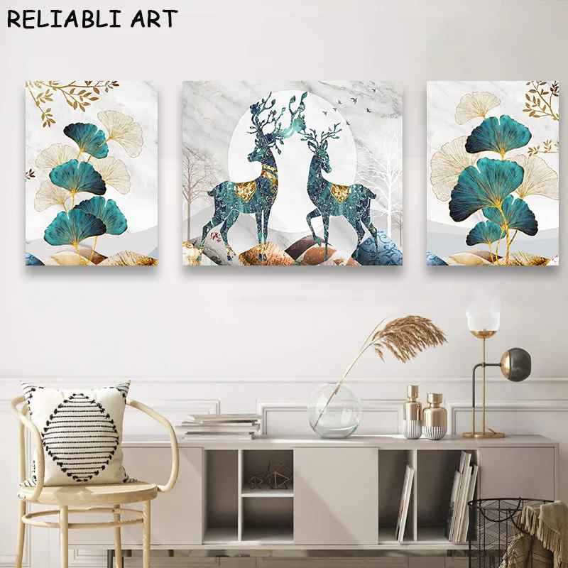 Light Luxury Elk Ginkgo Biloba Leaves Poster and Prints 3 Panels Wall Art Canvas Painting For Living Room Home Decor No Frame