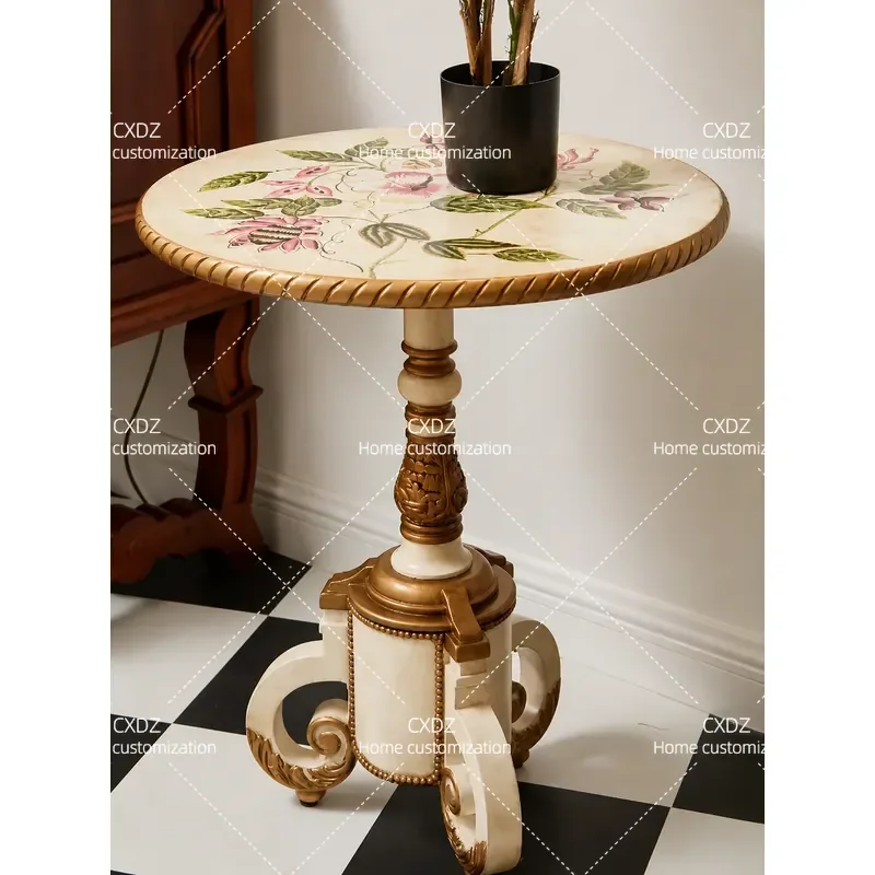 Retro Round Side Table with Lace Pattern Painted Finish Small Luxury Coffee Table for Living Room Bedroom Corner Decor