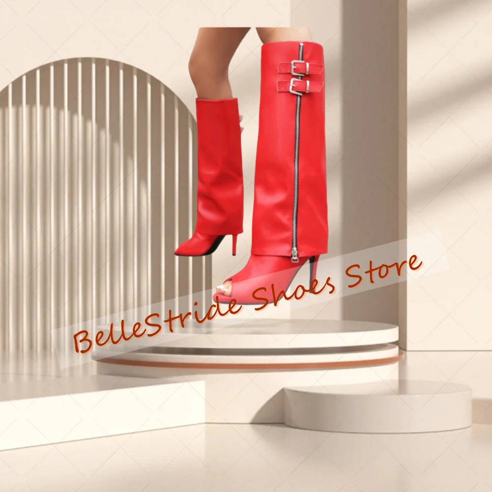 

Red Peep Toe Matte Leather Boots Side Zipper Women Shoes Stilettos High Heels Party Banquet Dating 2025 Zapatos Para Mujere